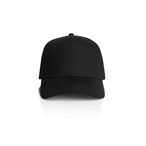 A black cap with a structured front and curved brim, featuring a logo on the front.