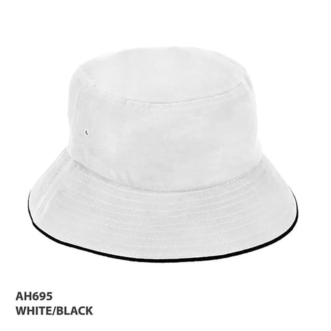 A white bucket hat with a black trim and a branding logo. Designed for headwear.